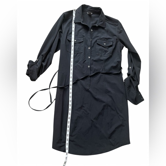 Eddie Bauer Black Belted Stretch Button Shirt Dress Size Small Roll-Tab Sleeves - Picture 7 of 12